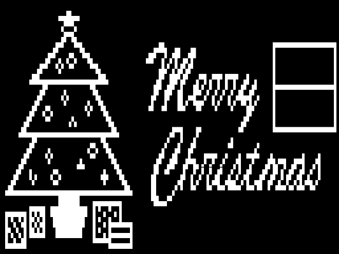 Tree, presents, fancy text, window frame